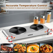 Cusimax Electric Hot Plate Double Burner, 1800W, Stainless Steel, Cast Iron Cooktop, Silver, CMHP-B201S