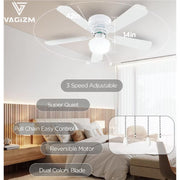 Vagizm TDC-004 42 Inch Flush Mount Traditional Ceiling Fan with Integrated LED Light, Matte White, Pull Chain Control, TDC-004