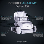 Dolphin Robotic Automatic Pool Cleaner with Active Scrubbing Brush, White and Black, for Above-Ground Pools up to 30ft, Explorer E10