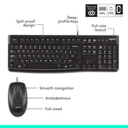Logitech Keyboard and Mouse Combo, Wired USB, Full-Size Spill-Resistant Keyboard with Number Pad, Optical Ambidextrous Mouse, Black, 920-002565