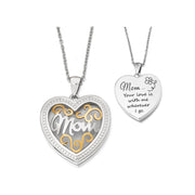 Jacmel Jewelry Two-Toned Mom Locket Pendant with Filigree Heart Design, Stainless Steel, 20 in Rope Chain