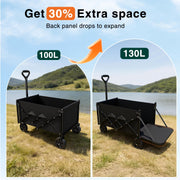 Favoyard Collapsible Wagon, 300lb Capacity, Extended Tailgate, All-Terrain 360 Wheels, Adjustable Handle, Drink Holders, Black, 100L