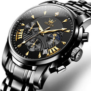 OLEVS Men Quartz Wristwatch, Black Stainless Steel, Diamond-Studded Case, Luminous Hands, Waterproof 30M, Day and Date Calendar, 41mm Dial, WA-S-G2892GH-QH