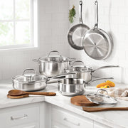 The Pioneer Woman 14-Piece Stainless Steel Cookware Set, Induction Compatible, Glass Lids, Acacia Wood Utensils, Dishwasher Safe