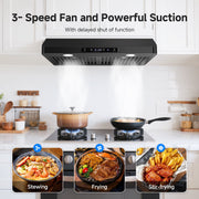 Aobosi Under Cabinet Range Hood, 30 Inch, 750 CFM, Stainless Steel, Black, Touch Remote Gesture Control, 3 Speed Exhaust Fan, LED Lighting, LF0176C1-BK