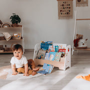 WoodandHearts Montessori Wooden Adam Bookshelf for Toddlers, 2-Shelves, White and Natural Birch Plywood, Minimalist Design, 22in x 9.8in x 14.5in, AAFG008