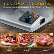 Valley Sportsman Electric Food Slicer, 7.5 Inch Stainless Steel Blade, 180W Motor, Adjustable Thickness 0-15mm, Aluminum Body, Silver, 1A-FS222