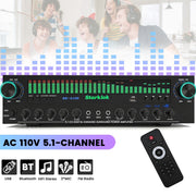 Starklok 1200W Surround Stereo Receiver, Bluetooth 5.3, 5.1 Channel, Optical and Coaxial Inputs, Black