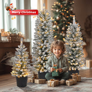 Ktaxon Pre-Lit Flocked Christmas Tree Set with Warm White LED Lights, Battery Operated, 3FT 4FT 5FT Mini Xmas Trees for Indoor and Outdoor Holiday Decor