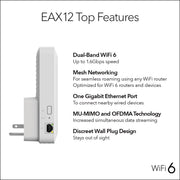 NETGEAR Nighthawk AX1600 WiFi 6 Mesh Extender, Dual Band, 1.6 Gbps, Gigabit Ethernet, White, EAX12