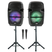 QFX PBX-808TWS Twin 8-in Bluetooth Wireless Stereo Speaker Bundle with Stands and Wireless Microphones