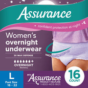 Assurance 10008824 Incontinence & Postpartum Overnight Underwear for Women, Maximum Absorbency, L (16 Count)