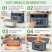 INSMART Heated Lunch Box, 6.3-Cup Cordless Electric Food Warmer with 4D Surround Heating, Leak-Proof Metal Seal, Smart Meal-Time Presets, Blue