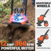 Maxlander Electric Tiller Cultivator, 14 Inch Cutting Width, 12 Amp Corded Motor, 4 Steel Tines, Foldable Handle, Garden Rototiller with Wheels