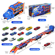 Dinosaur Transport Truck Toy with 12 Alloy Cars, 57-inch Transforming Race Track, Green, Ages 3-5 Toddlers