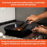 Imusa 11-Inch Ceramic Square Grill Pan, Aluminum Nonstick Griddle with Black Speckled Ceramic Coating and Wood-Look Cool-Touch Handle, IMU-24053