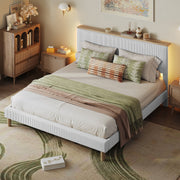 Bestier King Platform Bed Frame with Adjustable Storage Headboard Shelf, RGB LED Lighting, Corduroy Upholstered, Light Gray