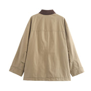 ScarletteEmmy Mid-Length Oversized Canvas Jacket for Women, Khaki, Contrast Corduroy Collar, Loose Fit Utility Coat, Lightweight Casual Outerwear