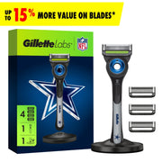 Gillette Labs Cowboys Licensed Cartridge Razor with 5 Blades, Exfoliating Bar, Precision Trimmer, Magnetic Stand, Black, 1 Handle, 4 Blade Refills, 94893986