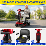 SACVON 4-Wheel Electric Mobility Scooter for Seniors, 250W Motor, 330 lb Capacity, Thick Comfort Seat, USB Charging Port, Widened Front Guard, Red