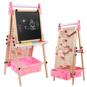 RLUETIME Adjustable Wooden Kids Art Easel with Magnetic Chalkboard, Paper Roll, Storage Bin, Pink