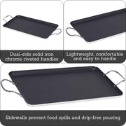 Imusa USA Nonstick Double Burner Griddle, 19 x 12 Inch, Aluminum with Metal Side Handles, Black