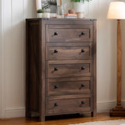 CHITOOMA 5 Drawer Dresser, Tall Wooden Storage Cabinet with Double Handle, Walnut Finish