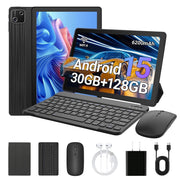 AEEZO 10 Inch 2-in-1 Tablet Set, 30GB RAM, 128GB Storage Expandable to 1TB, 6200mAh Battery, Android 15, WiFi 6, Bluetooth 5.0, Keyboard Mouse Case Stylus, Black
