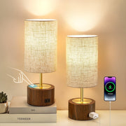 NATYSWAN Small Table Lamps Set of 2, Modern Touch Control, USB-C Charging Ports, Beige Fabric Shade, Wooden Base, Minimalist Desk Lamp for Bedroom Living Room Office W-2TL-160C