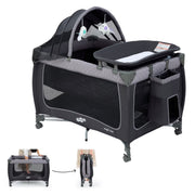 Pamo Babe P9123B-W178-Grey Baby Playard, Magic Fold 1 Step Portable Playpen Changing Table for Newborn, Four-Panels