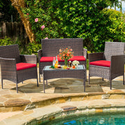 Lacoo 4 Piece Outdoor Conversation Set Brown PE Rattan Wicker Table and Chairs Set, Red