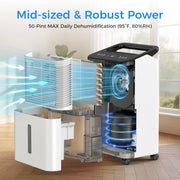Kloudic 50 Pint Dehumidifier, Smart Humidity Control, Auto Defrost, 2.5L Water Tank, Continuous Drain Hose, Covers Up to 2500 Sq.ft, White, DH-CS10