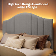 Pinmoco Full Upholstered Bed Frame with Adjustable Arc-Shaped Headboard, Warm Orange LED Lighting, Gray Fabric