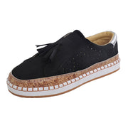 WNVMWI Womens Slip On Loafers Flat Heel Black Casual Sneakers with Hollow-Out Fringe, Rubber Sole