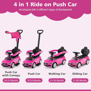 Olakids Licensed Mercedes Benz 3 in 1 Push Car Ride-On Toy with Adjustable Canopy, Parent Control Handle, Storage, Pink