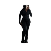ZenithTrend Womens 2 Piece Outfit Set, Bodycon Long Sleeve Crop Top, High Waist Flared Pants, Stretchy Athletic Lounge Wear, Black