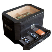 Case Elegance Octodor Large Black Piano Finish Octagonal Cedar Cigar Humidor with Digital Hygrometer, Recessed Humidification System, Accessory Drawer, Holds 50-100 Cigars, CE-HUM-OCT-BLK-P