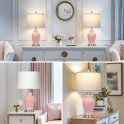Cinkeda Table Lamps Set of 2, 23 in Tall White Ceramic Ginger Jar Design with White Linen Drum Shades and Rotary Switch, LED Bulbs Included, WMTD-616