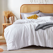 Sonive Washed Comforter Set, Queen, 3 Piece, Soft Breathable Microfiber, Fluffy Polyester Fill, Wrinkled Cotton-Linen Texture, White