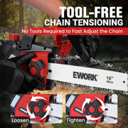 EWORK Electric Chainsaw, 16-Inch Bar, 15 Amp Motor, Tool-Free Chain Tension, Automatic Oiling, Low Kickback, Rear Handle, Black and Red