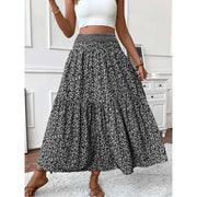Temofon Women Skirt, Long High Waist Elastic Band, Floral Maxi, A-Line Pleated Design with Ruffled Hem, M, Black