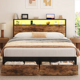 Lifezone Queen Bed Frame, Retro Brown Metal, 2-Tier Storage Headboard, Built-in Charging Station, LED Lighting, Storage Drawers, Noise-Free Design