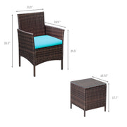 Devoko Patio Conversation Set, 3 Pieces Outdoor Wicker Bistro Chairs with Tempered Glass Coffee Table, Brown and Blue