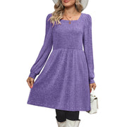 SHINE UP Womens Fall Dress, Square Neck, Long Puff Sleeves, High Empire Waist, Knee Length, Purple, Loose Fit with Pockets