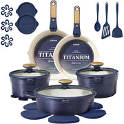 Carote A13992 22 Pcs Ceramic Cookware Set, Pots and Pans Set with Detachable Handles, Oven Safe, Blue