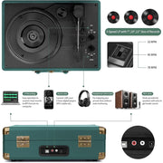 DIGITNOW Vinyl Record Player Bluetooth Turntable 3-Speed Belt-Driven Portable Suitcase with Built-in Speakers Green 415