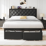 Fluest WFL473QP0-2D Bed Frame w/Leather Upholstered Headboard, Lockable Storage, Queen Size, Black