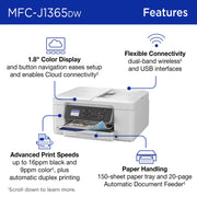 Brother INKvestment 1365 Wireless Color Inkjet All-in-One Printer with Automatic Duplex Printing, 1.8 in Color Display, White, MFCJ1365DW