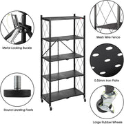 Magichomestore 5 Tier Foldable Storage Shelf with Wheels, Heavy Duty Metal Storage Rack, Portable Foldable Shelf Unit for Kitchen and Garage, Black, 2 Pack
