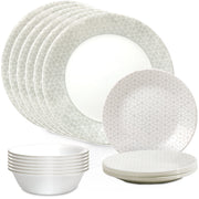 Corelle Brands Knox 18-Piece Dinnerware Set, Triple-Layer Vitrelle Glass, Sage-Grey Geometric Pattern, Service for 6